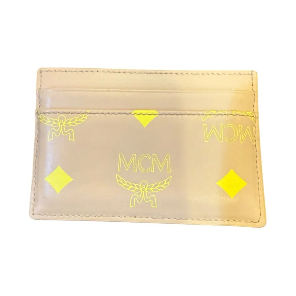 MCM Beige and Neon Yellow Leather Card Holder